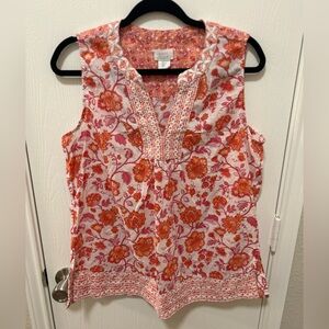 Sigrid Olsen Pink & Orange 100% Cotton Floral Tank Top Blouse Size Large